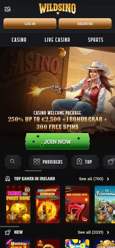 Wildsino Casino mobile website home screen on an iOS or Android browser