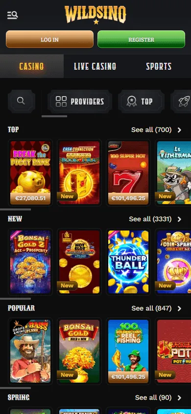 Wildsino Casino mobile games area with casino categories and live games