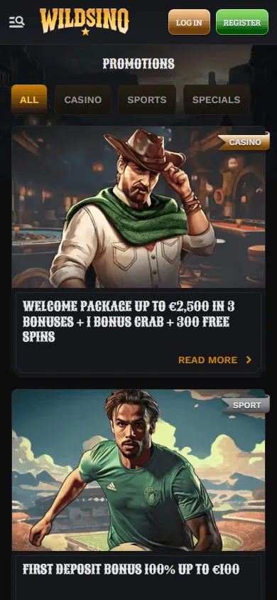 Wildsino Casino mobile promotions area with welcome and ongoing offers