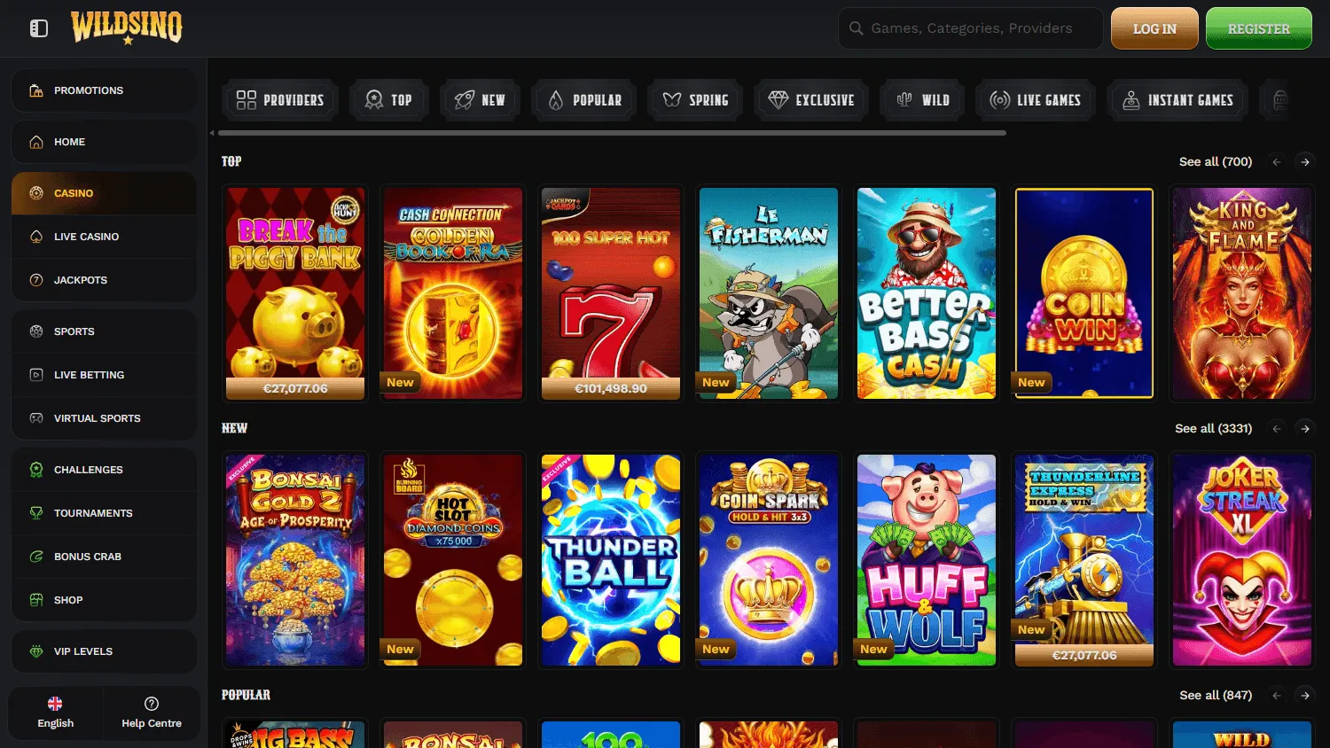 Wildsino Casino desktop games area with casino categories and game selection