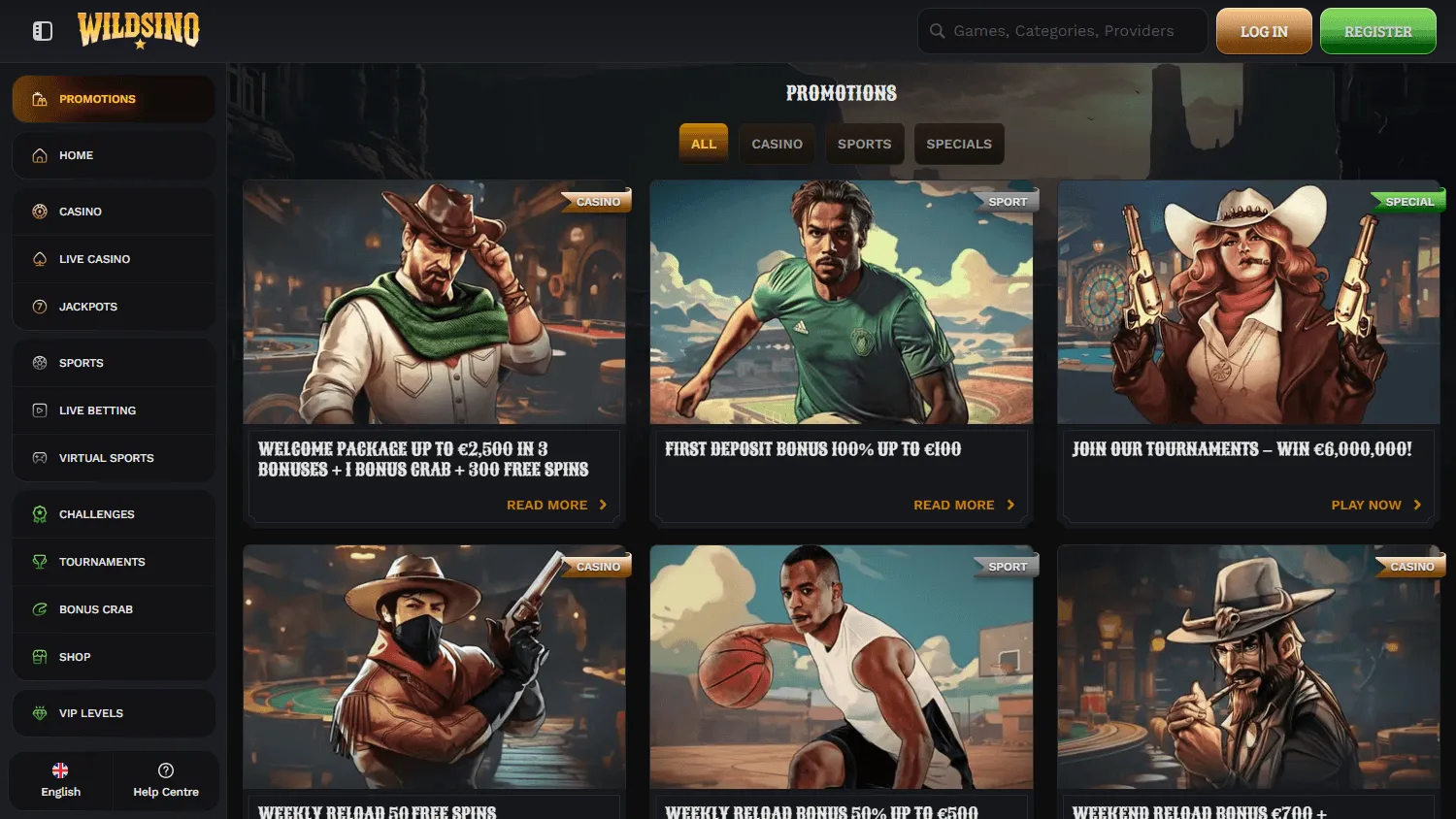 Wildsino Casino desktop promotions area with welcome, reload and cashback offers